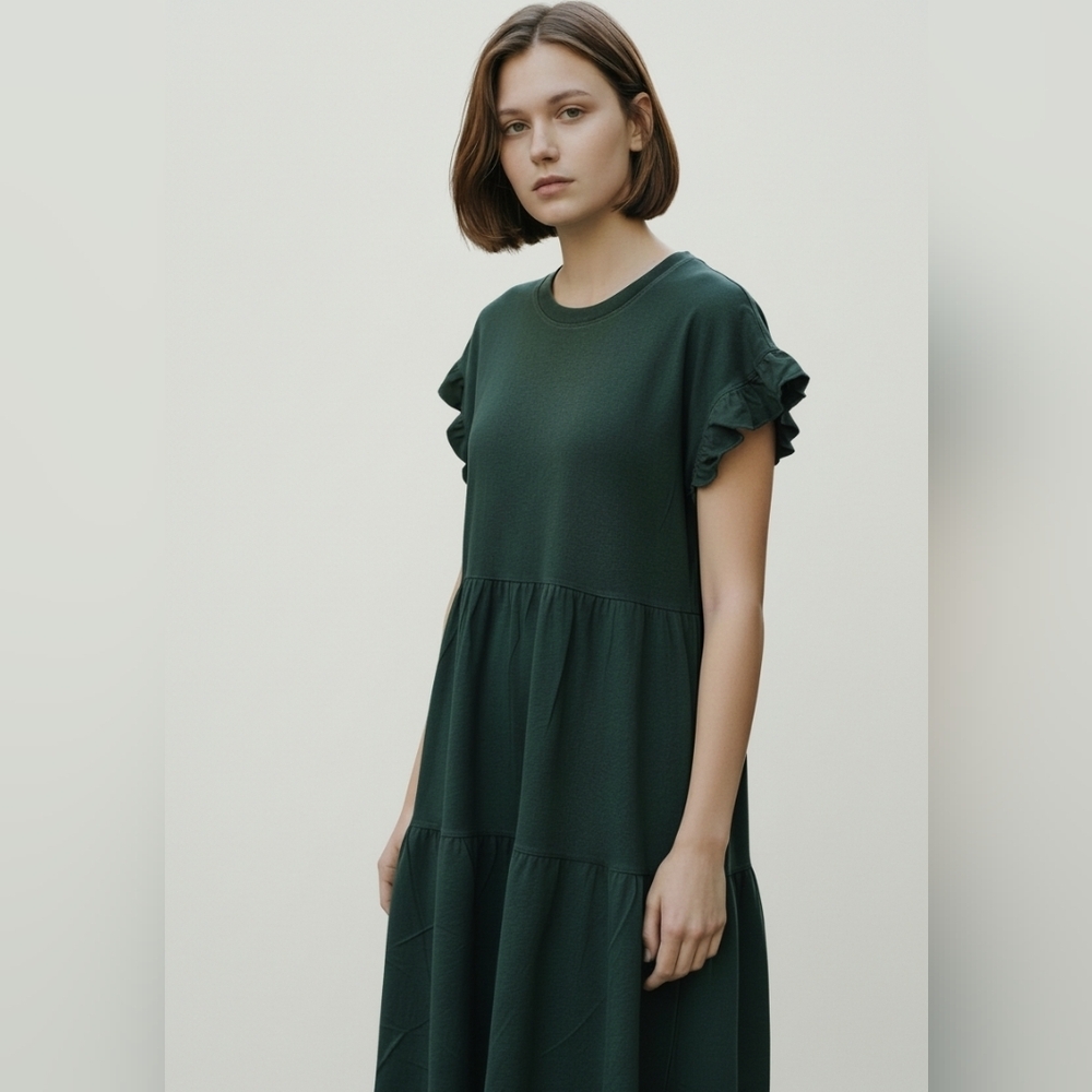 J. Crew Dark Green Ruffle Sleeve Midi Dress